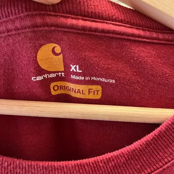 Carhartt K126 Long Sleeve T-Shirt XL Burgundy Workwear Cotton Heavyweight Pocket - Picture 5 of 9